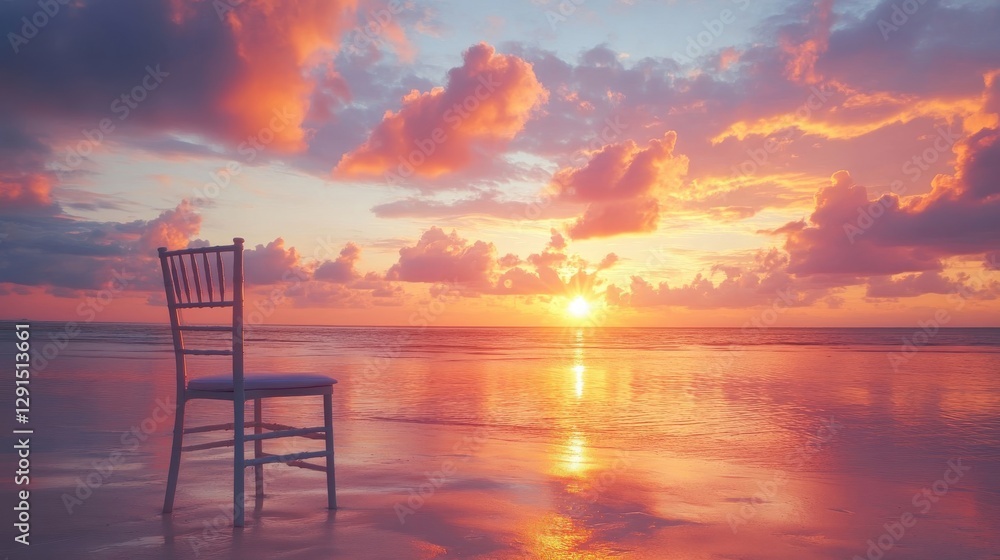 The solitary chair sits upon the beach during sunset The solitary chair sits upon the beach during sunset