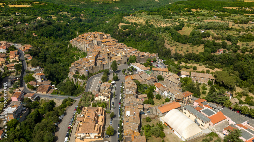 Fototapeta premium Aerial view of the historic center of Vitorchiano, located in the province of Viterbo, Italy.