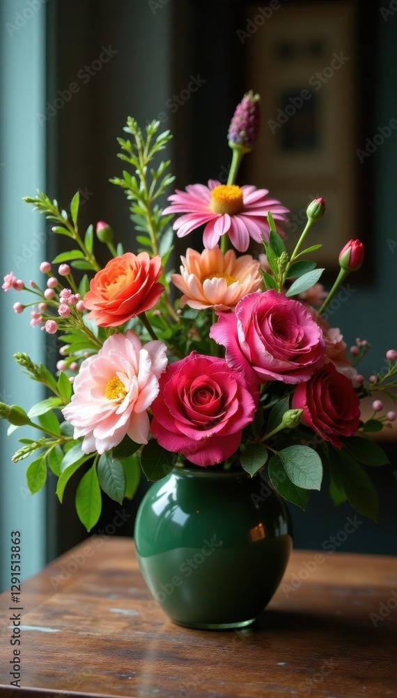 Vibrant blooms, lush greenery, elegant arrangement, roses, nature Vibrant blooms, lush greenery, elegant arrangement, roses, nature