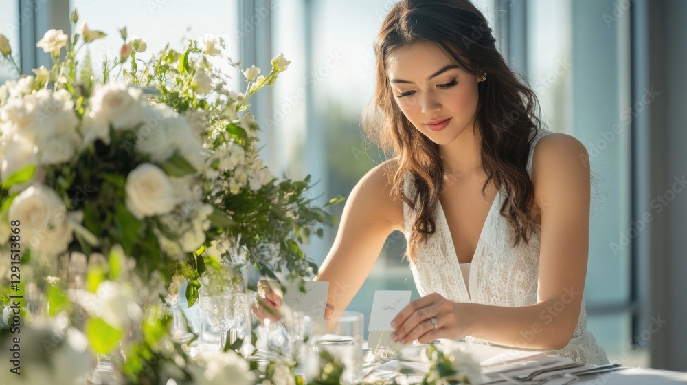 bride arranging place cards at wedding reception bride arranging place cards at wedding reception