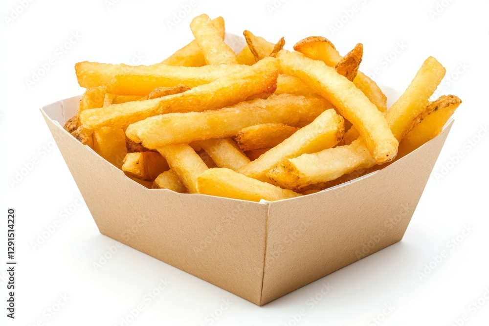 French fries in a paper container isolated on white background. French fries in a paper container isolated on white background.