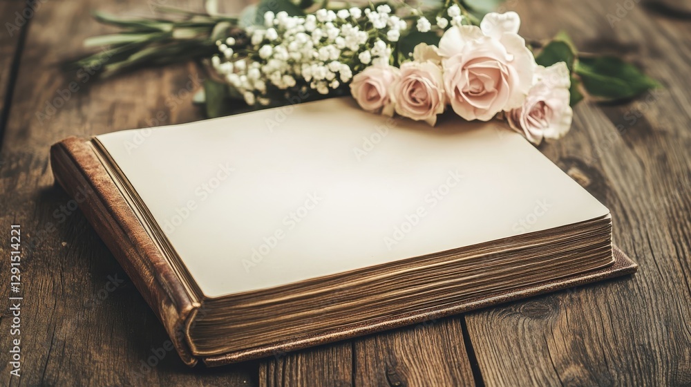 Fototapeta premium An open book rests with flowers on a wooden surface