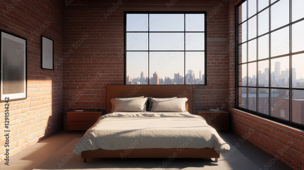 Obraz premium Modern loft bedroom with industrial design and large windows showcasing city views