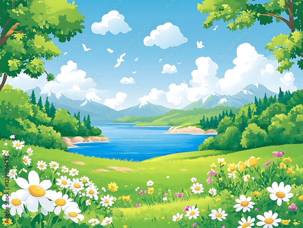 Fototapeta premium Scenic Lakeside Meadow, Summer Day, Peaceful View, Ideal for Nature-Themed Posters