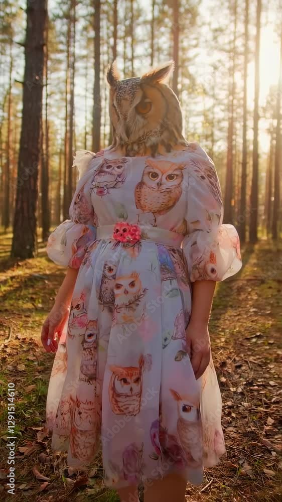 Surreal Forest Scene: Woman With An Owl Head Wearing An Owl Dress in a Dreamlike Setting Surreal Forest Scene: Woman With An Owl Head Wearing An Owl Dress in a Dreamlike Setting