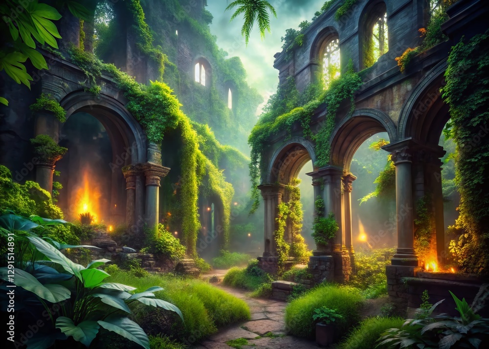 Glowing Ruins Overgrown with Plants: High-Depth-of-Field Stock Photo Glowing Ruins Overgrown with Plants: High-Depth-of-Field Stock Photo