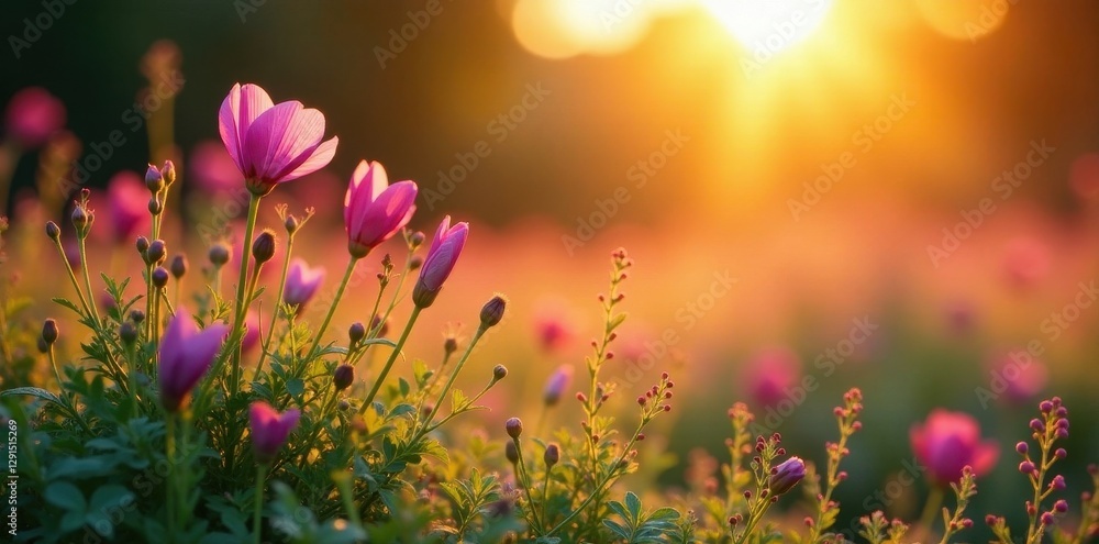 Fototapeta premium Vibrant pink and violet wildflowers bathed in golden sunset light , rural, background