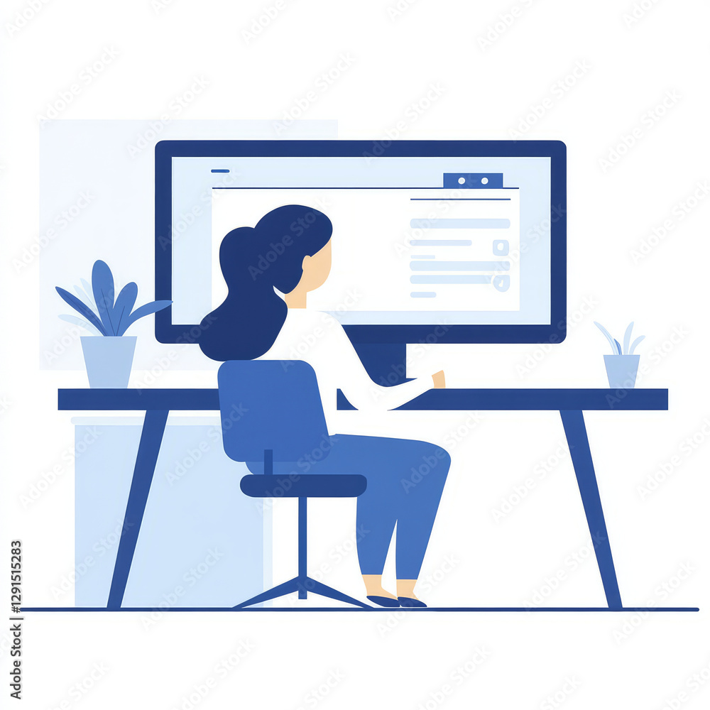 person sitting at desk with large screen, focused on work. scene features plants and modern workspace person sitting at desk with large screen, focused on work. scene features plants and modern workspace
