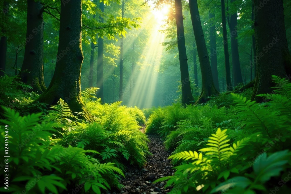 Fototapeta premium Dense undergrowth of ferns and shrubs with sunlight filtering through, greenery, undergrowth, alaskan valley