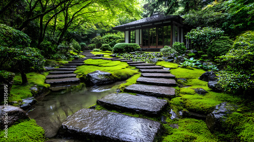 Serene Japanese garden path, moss, stream. Peaceful zen retreat