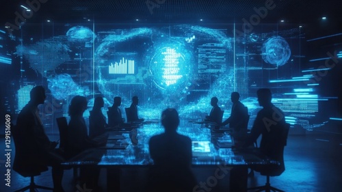 Holographic business meeting, AI-driven digital media, futuristic corporate environment,