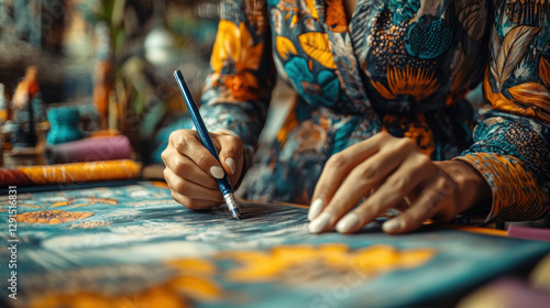 Fashion designer creates vibrant patterns with pencil on fabric