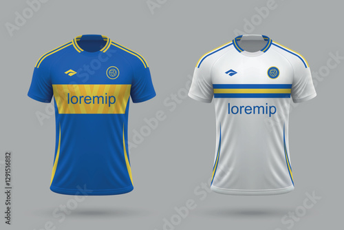 3d realistic soccer home and away jersey in style, football kit template