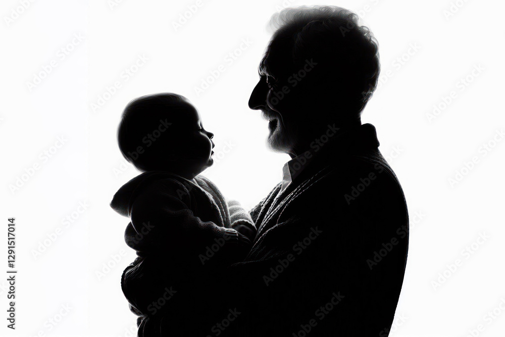 Silhouette of a old man grandfather with a baby in her arms on a white background Silhouette of a old man grandfather with a baby in her arms on a white background