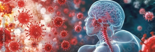 Medical infographic on measles complications, showing effects on lungs, brain, and immune system, high detail