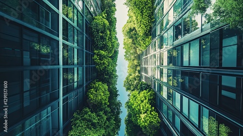 Lush Greenery Between Modern Urban Buildings, Vertical View