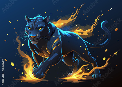 Mystical Blue Panther with Glowing Eyes – Fantasy Digital Art in Cosmic Night Sky with Ethereal Energy and Neon Accents