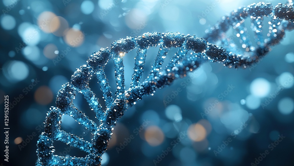 Detailed view of a blue DNA double helix structure with sparkling particles and soft bokeh background portraying scientific research Detailed view of a blue DNA double helix structure with sparkling particles and soft bokeh background portraying scientific research
