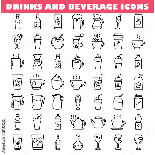 Drinks and Beverage Icons Coffee, Tea, Juice, Cocktails, Bottles