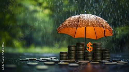 Wallpaper Mural Umbrella protecting coins from rain in a lush green environment during a rainy day Torontodigital.ca