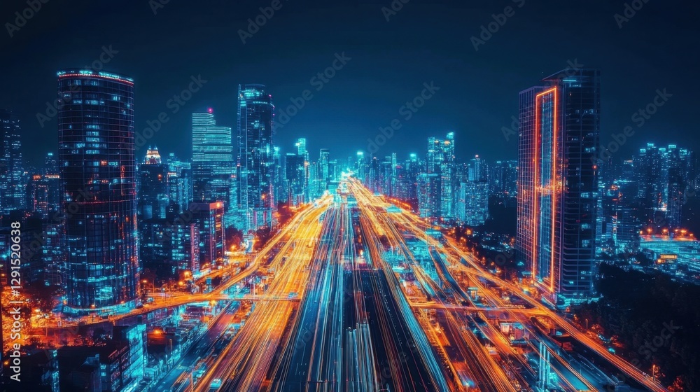 Smart city digital transformation, futuristic AI-powered infrastructure, glowing roads and buildings, Smart city digital transformation, futuristic AI-powered infrastructure, glowing roads and buildings,