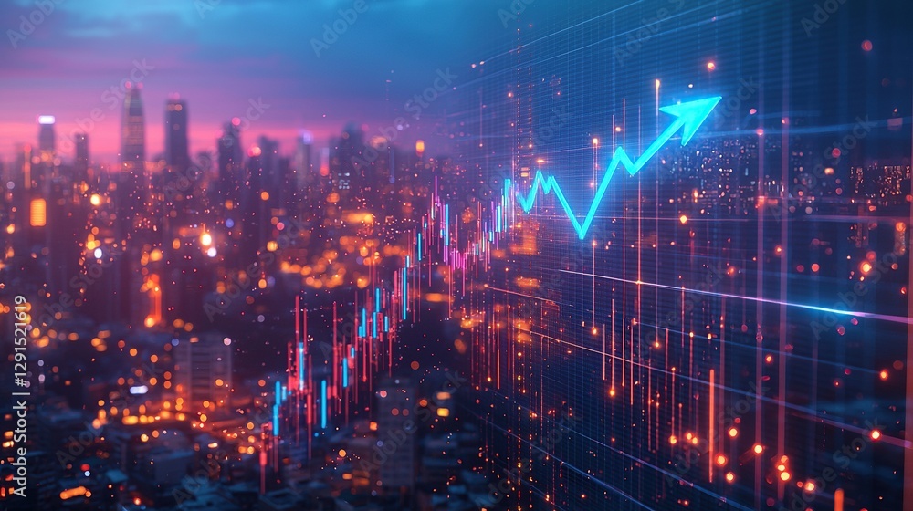 Fototapeta premium Financial growth represented by a dynamic upward trend in a futuristic city during twilight