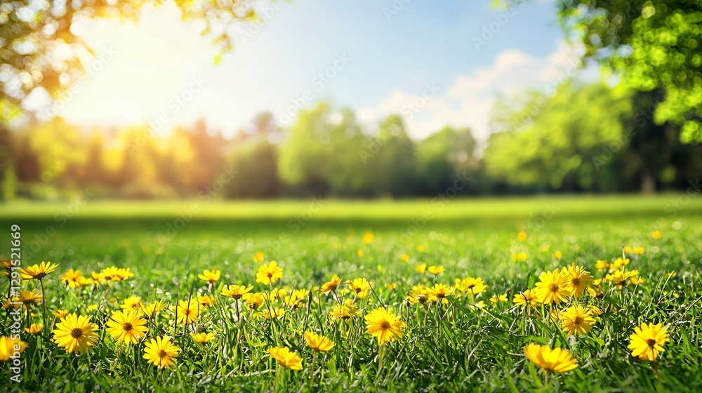 Yellow Flowers in a Sunny Green Field Yellow Flowers in a Sunny Green Field