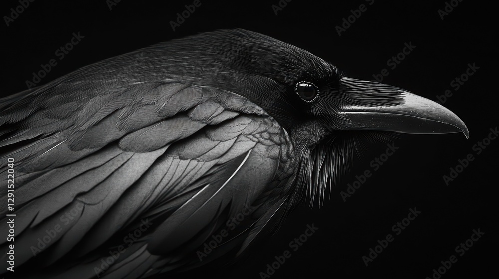 Captivating raven portrait dark environment wildlife photography close-up view stunning black and white imagery