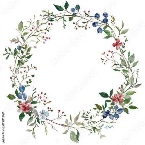 beautiful floral wreath featuring delicate watercolor flowers and leaves, perfect for invitations or decor. arrangement includes various colors and textures, creating harmonious design