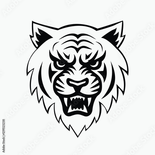 Fierce tiger head illustration with bold lines and intense expression, perfect for sports team logos, apparel designs, and tattoo art. Tiger head vector.