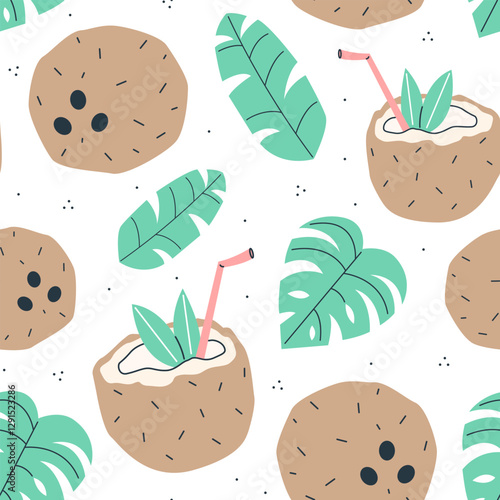 Cute summer seamless pattern with coconuts and tropical leaves on a white background. Vector flat illustration background.