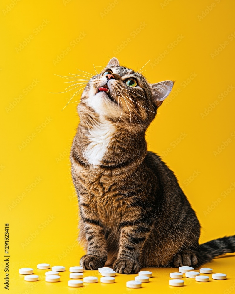 Obraz premium Tabby cat with tongue out sits near scattered pills on yellow backdrop. Illustrates pet healthcare and playful moments. Great for pet blogs and pharma ads.