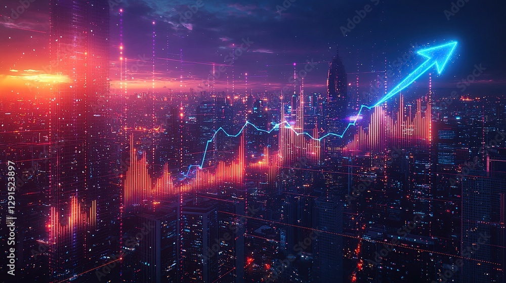 City skyline illuminated by vibrant lights showing financial market trends at sunset City skyline illuminated by vibrant lights showing financial market trends at sunset