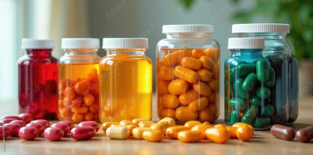 Rows of colorful bottles of vitamins and dietary supplements, health, pills, dietary supplement Rows of colorful bottles of vitamins and dietary supplements, health, pills, dietary supplement