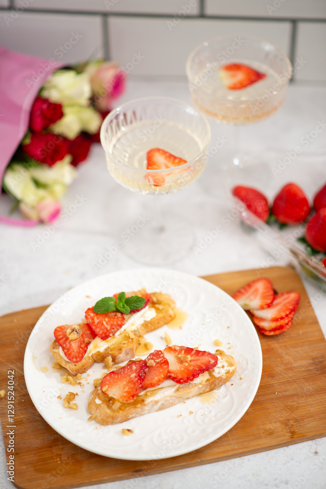 Bruschetta with strawberries. fried in batter toast with cream cheese Bruschetta with strawberries. fried in batter toast with cream cheese