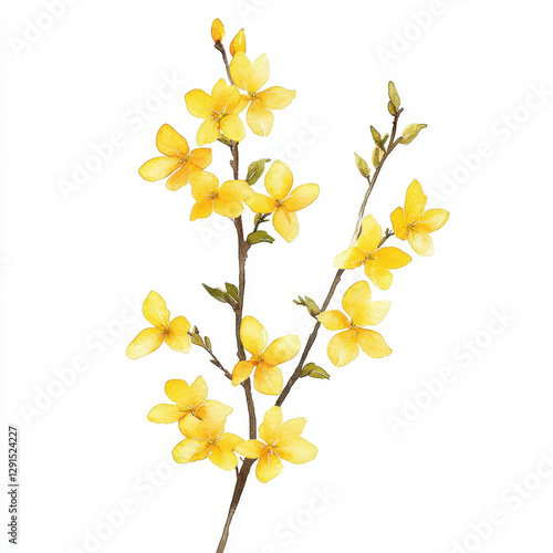 Bright yellow forsythia flowers on branch, showcasing their vibrant beauty and delicate petals, perfect for spring themes and floral designs