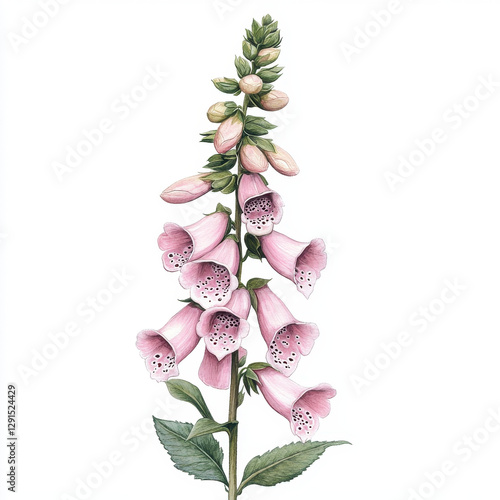 tall foxglove plant with pink bell shaped flowers and green leaves, showcasing intricate details and delicate appearance. This hand drawn floral illustration captures beauty of nature