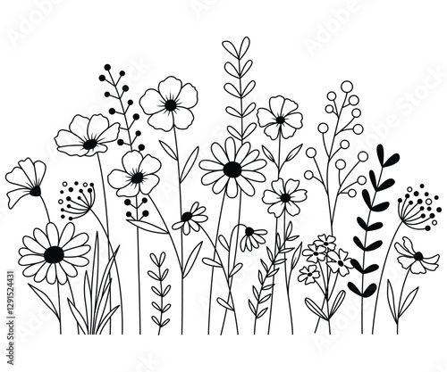 Hand drawn flower meadow Style vector illustration, Wild flower outline drawing, Botanical flowers and leaf herbs isolated on white Background, Invitation, Wedding card, Greeting card, Posster.