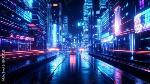 Beautiful neon night in a cyberpunk city Photorealistic 3D illustration of a futuristic city An empty street illuminated by blue neon lights