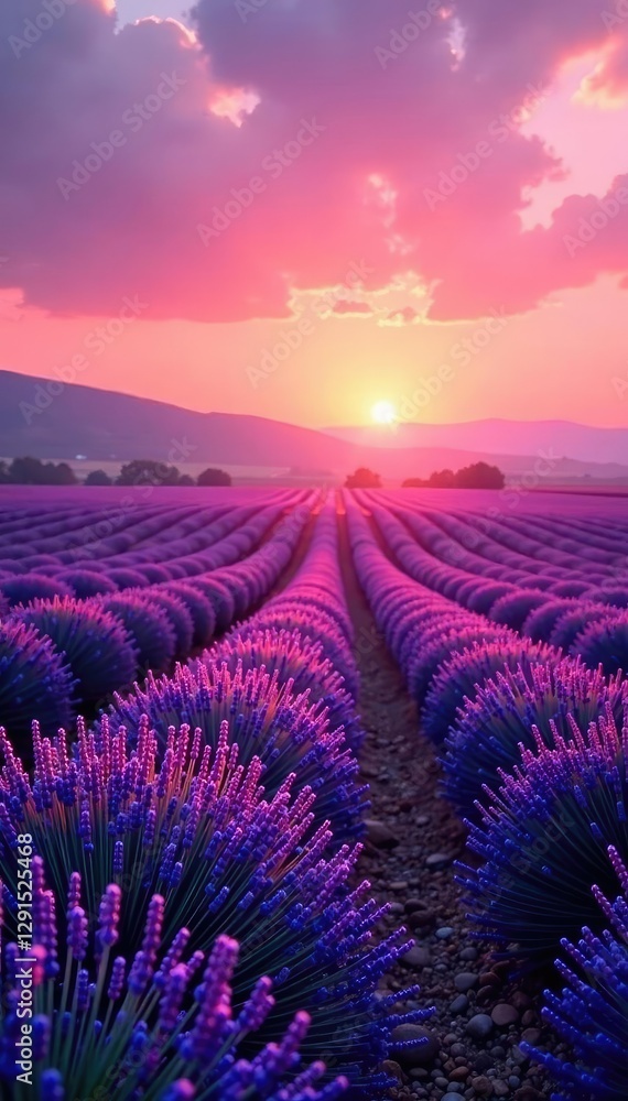 Obraz premium Soft pinkish purple hue spreads across the landscape as morning sun rises over lavender fields, pink, sunrise, sunrise