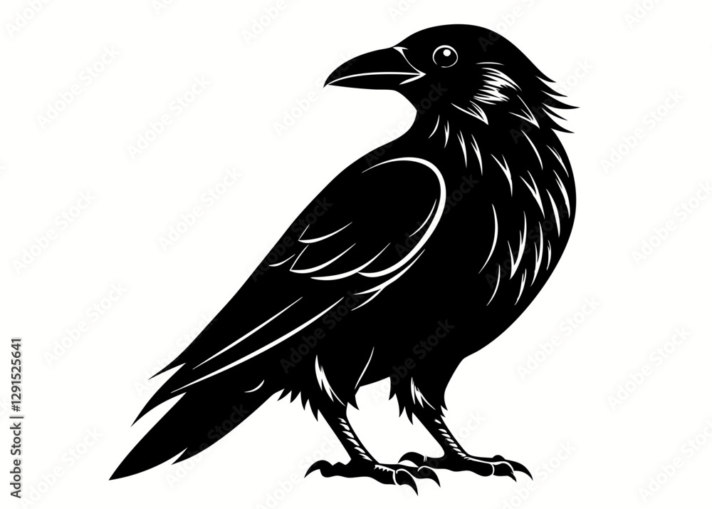 Fototapeta premium Black and White Raven Illustration – Woodcut Style Crow with Detailed Feathers and Gothic Aesthetic