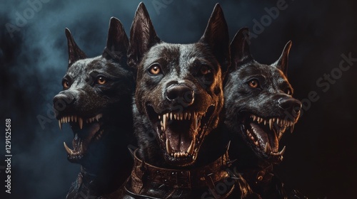 Cinematic fantasy art  three headed dog growling with sharp teeth in spiked leather collar