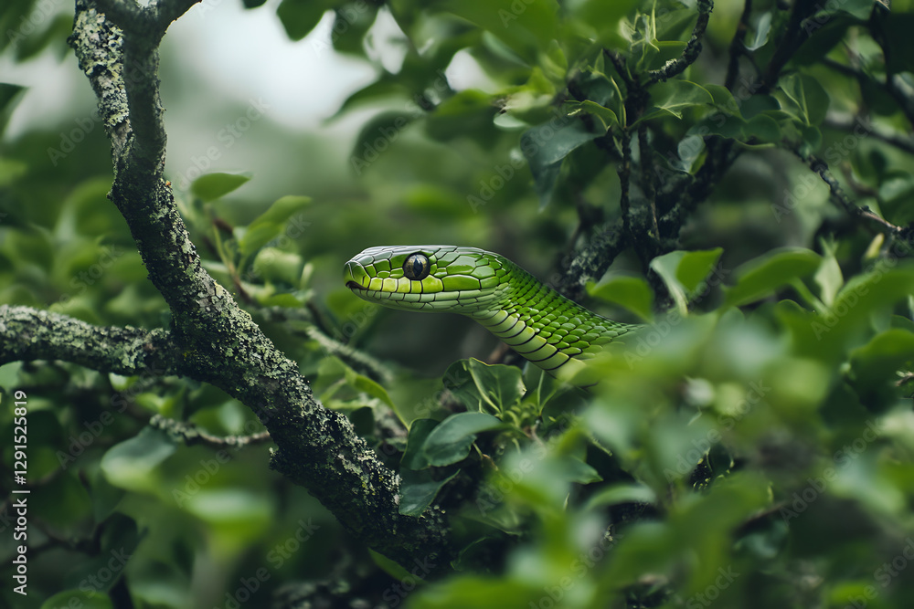 Naklejka premium Green Tree viper snake climbing on a tree, closeup of a wild venomous snake