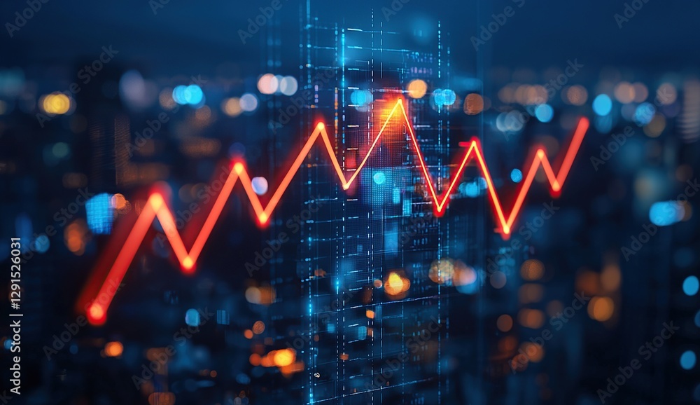 Dynamic stock market graph highlights upward trends against a city skyline at night Dynamic stock market graph highlights upward trends against a city skyline at night