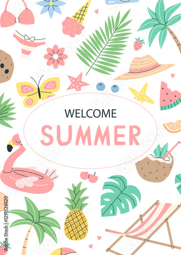 Summer vertical card poster with summer items and text welcome summer on white background. Vector flat postcard illustration.