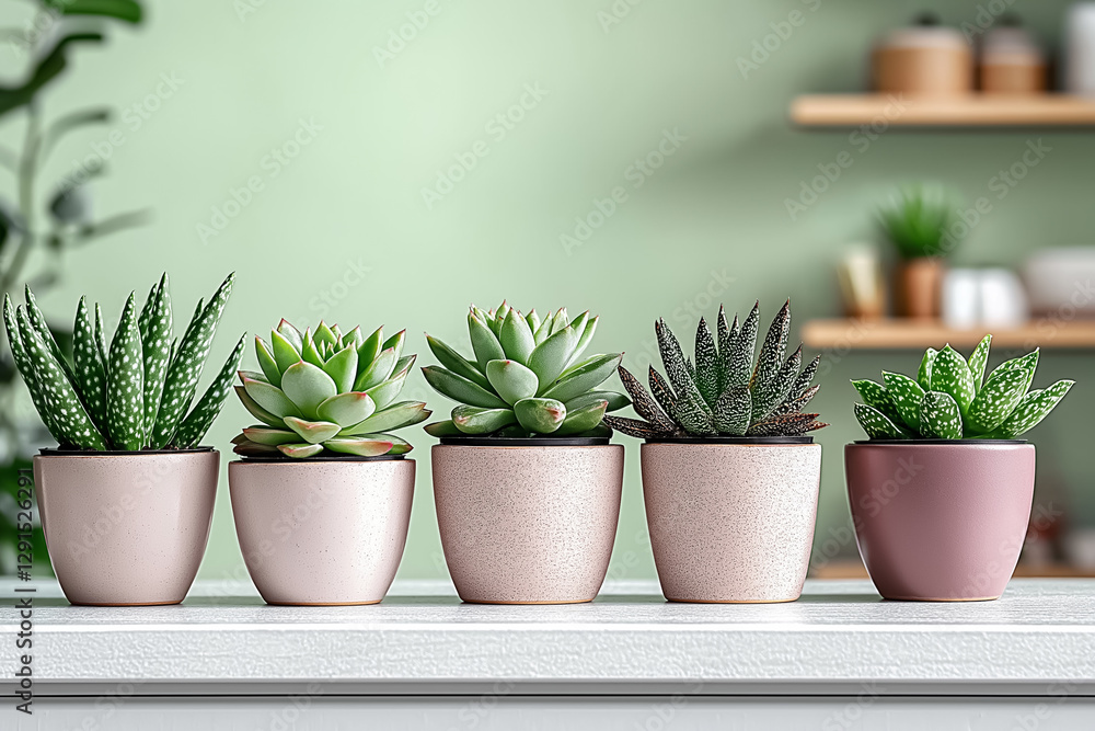 A close-up of a series of tiny cactus plants arranged in a small row on a white shelf in a bright, minimalist kitchen A close-up of a series of tiny cactus plants arranged in a small row on a white shelf in a bright, minimalist kitchen