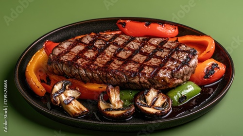 Grilled steak garnished with vibrant bell peppers and mushrooms