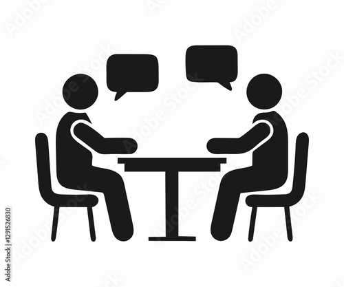 Simple black and white illustration of two stylized figures seated at a table, engaging in conversation.