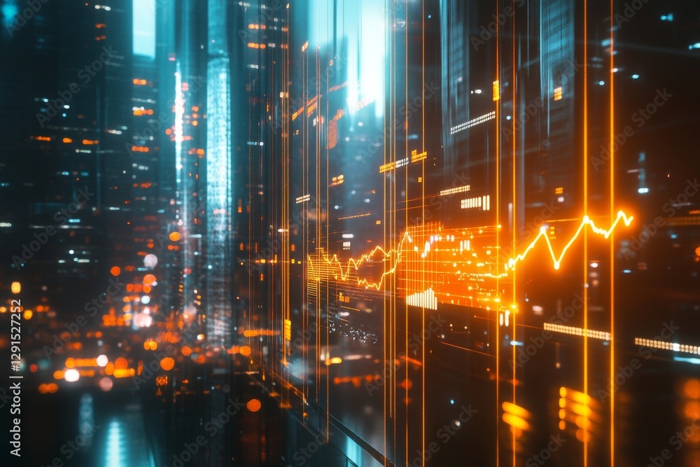 Fototapeta premium Futuristic financial scene illuminated stock market graph reflects on urban glass facade