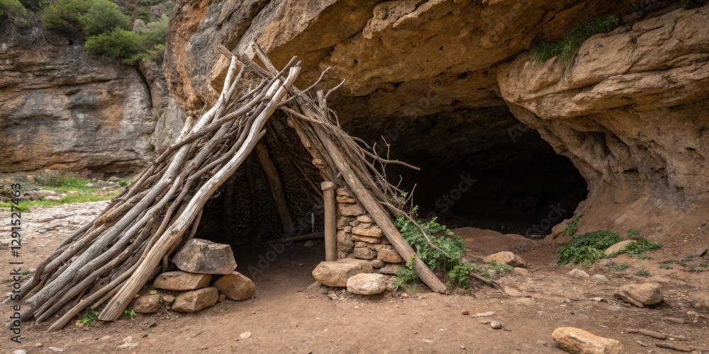 Fototapeta premium Traditional shelter constructed from natural materials near a cave entrance in a rocky landscape during daylight hours